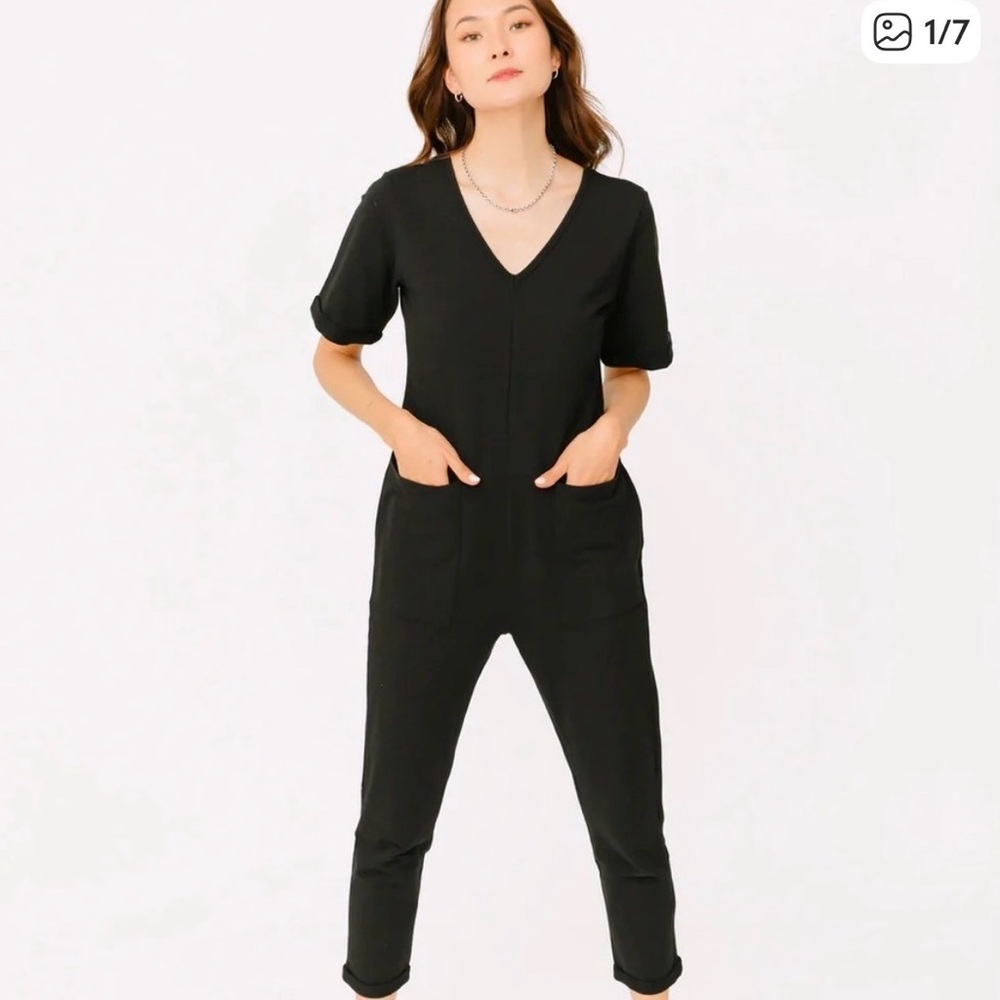 Smash Tess Aria Romper Midnight Black Cotton Jumpsuit Size Large front pocket